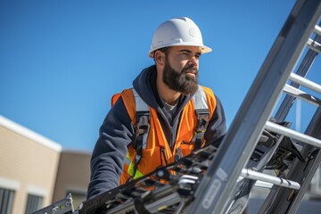A male builder is repairing the roof. Portrait with selective focus and copy space