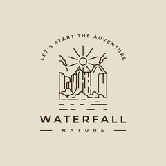 waterfall logo line art vector illustration template icon graphic design. simple minimalist of nature and adventure sign or symbol for environment travel business with typography style