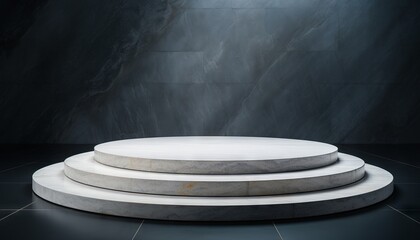 Minimalist white steps ascending on a circular marble platform in a black void