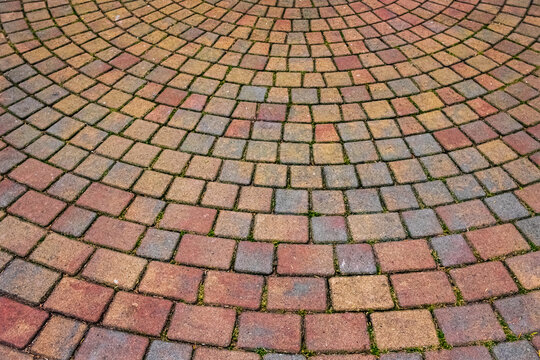 Stamped Concrete Pavement Cobblestones Pattern, Decorative Paving Cobblestones Tile On Cement Flooring In A Park