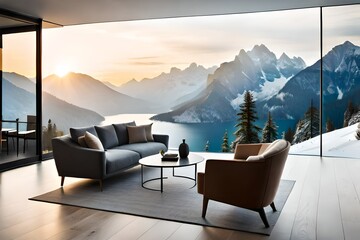 Scandinavian minimalist home interior design of modern living room. Round wooden coffee table near beige sofa and armchair against floor to ceiling  with winter mountain view.