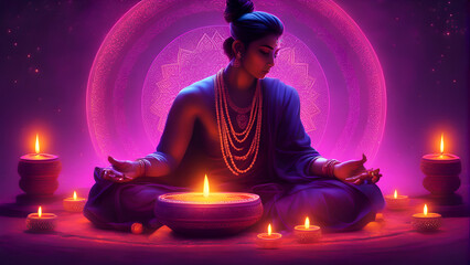 Beautiful Indian woman meditating in the lotus position. surrounded by candles  - obrazy, fototapety, plakaty