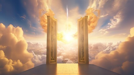 A majestic golden gate stands tall amidst fluffy white clouds, representing the ethereal doors to heaven and the promise of afterlife, with nuances created by Generative AI. - obrazy, fototapety, plakaty