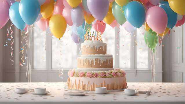 Birthday cake with balloons and confetti. 3d render. 