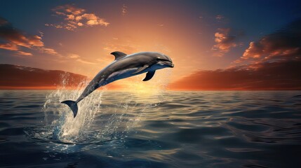 A breathtaking view of a dolphin leaping gracefully from the ocean, silhouetted against a mesmerizing horizon. A testament to nature's wonder, enhanced with Generative AI.