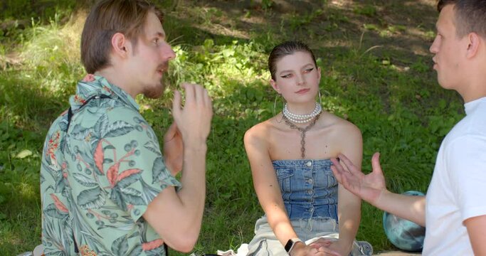 Girl and two guys talking. Romantic relationships among three individuals polyamory, involve consensually and openly loving and connecting with multiple partners simultaneously.