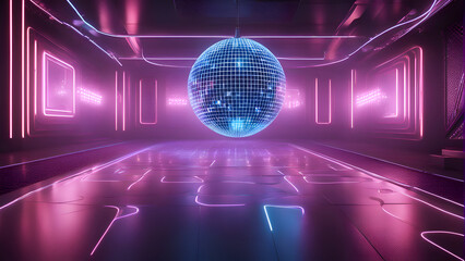3D rendering of futuristic interior with disco ball. Futuristic background 