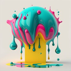 3d hovering paint glob no drips hot pink teal yellow colors white background super detailed volumetric lighting 