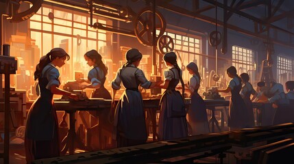 A striking image captures women diligently working in a factory, underscoring the evolving inclusion and empowerment of women in the workforce. Rendered using Generative AI.