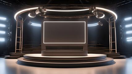 3d render of empty screen on stage with spotlights in studio 