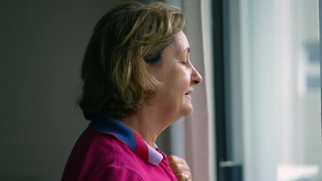 Contemplative retired senior woman standing by window gazing out at view, profile close-up of elderly lady in mental reflection