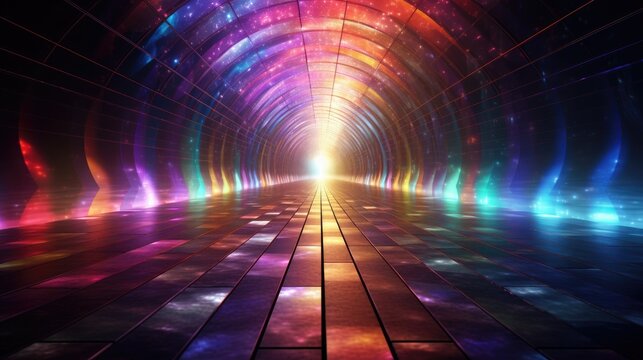 Fototapeta 3D rendering, neon ultraviolet square portal, glow lines, tunnel, walkway, purple, arch, laser show.