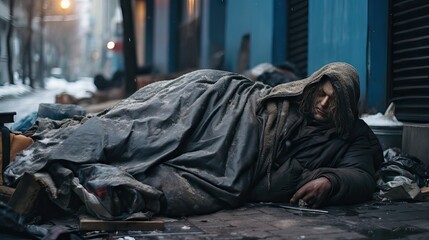 Fototapeta na wymiar A poignant image captures a homeless man sleeping on city streets, illustrating the stark contrast between urban affluence and destitution. Brought to life by Generative AI.