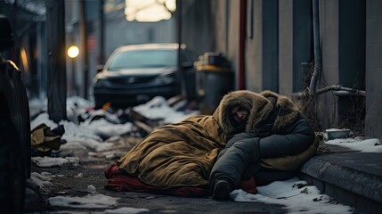 Fototapeta na wymiar A poignant image captures a homeless man sleeping on city streets, illustrating the stark contrast between urban affluence and destitution. Brought to life by Generative AI.