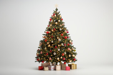 Árbol de navidad decorado con regalos y fondo blanco