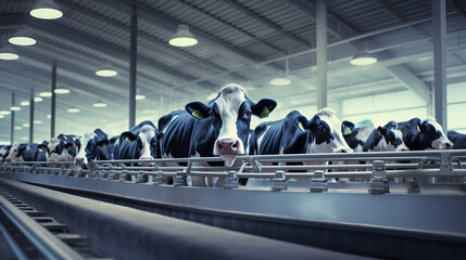 Cows in a mass-production factory: Dairy industry - obrazy, fototapety, plakaty