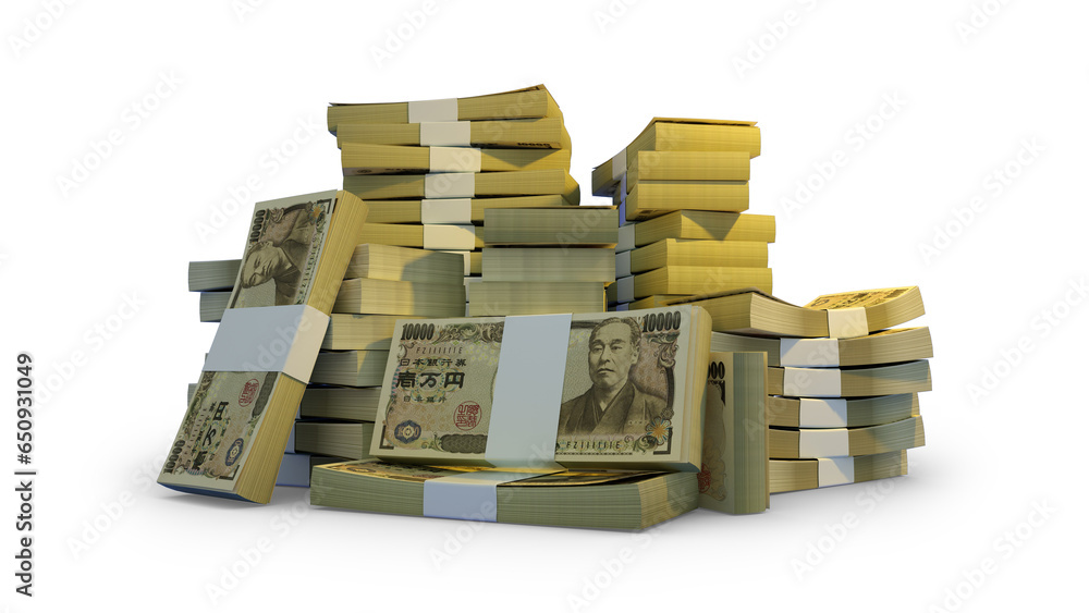 Poster bundles of japanese yen notes. 3d rendering of bundles of banknotes