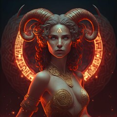 Aries Zodiac Sign like woman the with porcelai skin fantasy full body big chest spotlights scarlet fice on the background extremely detailed 8k SuperResolution cinematic composition cinematic  - obrazy, fototapety, plakaty
