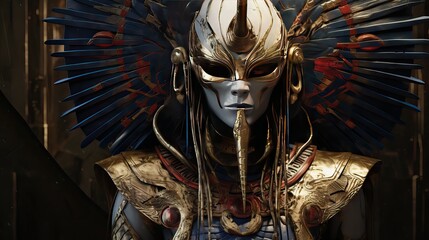 A captivating image of the Egyptian god Horus, depicted with a falcon head and known for his roles in sky, war, and hunting, adorned with intricate designs and symbolism. Generative AI.