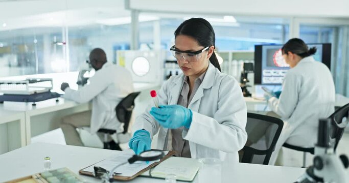 Blood test, results or scientist writing research notes for analysis on experiment or medical information. Notebook, woman or expert in laboratory with documents for science development to check dna
