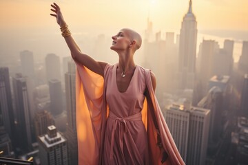 Beautiful bald woman in pink clothes raising arms against big city