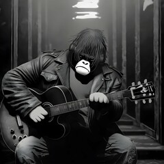Obraz na płótnie Canvas black and white photo of a gorilla playing guitar in leather jacket photo realistic 