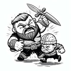 dwarf fights wivern in black and white coloring book style  - obrazy, fototapety, plakaty