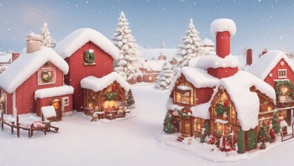 Christmas village with Snow in vintage style. Winter Village Landscape. Christmas Holidays. Christmas Card. 3d illustration