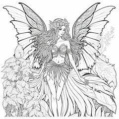 beautiful fantasy fairy with wings in forest to color for coloring book black and white solid bold lines high clarity detailed  - obrazy, fototapety, plakaty