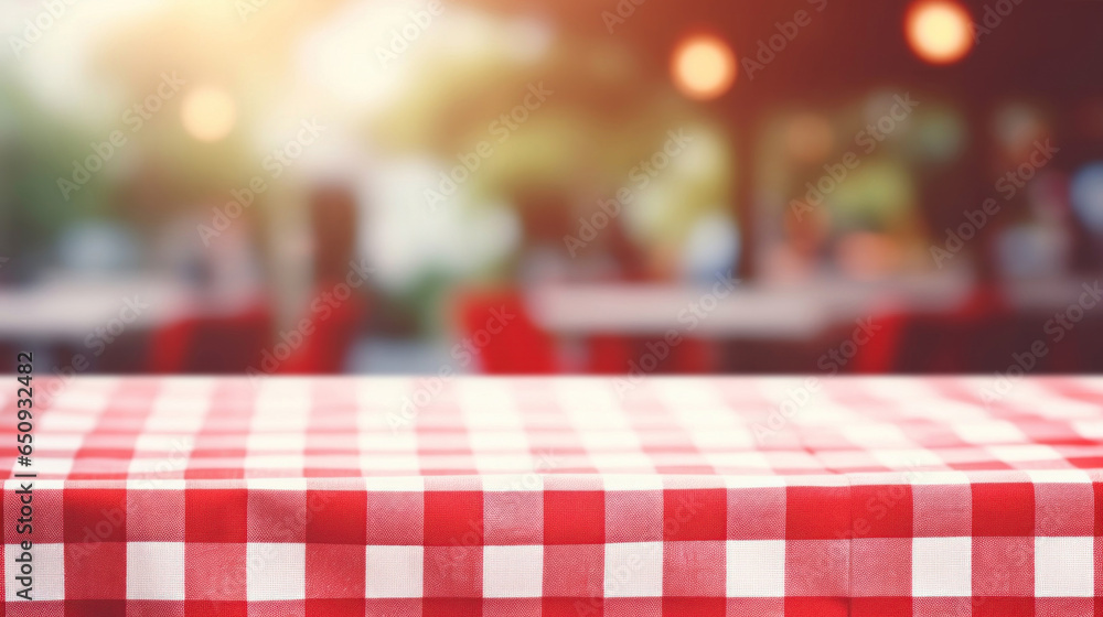Poster empty red checkered tablecloth in white table top with blur background