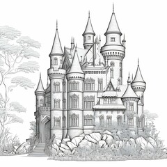 awesome fantasy castle to color for coloring book black and white solid bold lines high clarity detailed  - obrazy, fototapety, plakaty