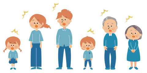 家族　三世帯　驚く　イラストセット素材