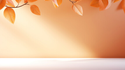 Empty sunny orange background with leaves and leaf shadows