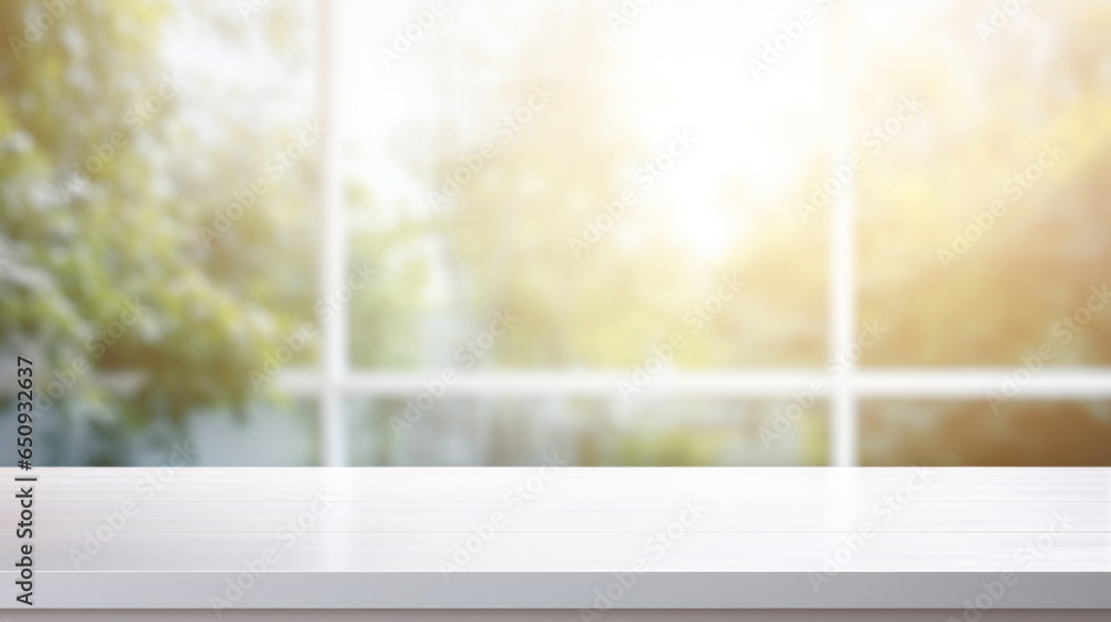 Poster empty white table blurred on soft light gently bokeh background