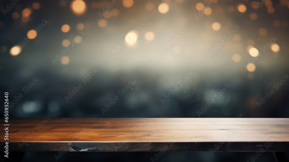 Poster empty black table on blurred gently bokeh background