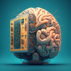 the brain with control centre machinery coming out of it  - obrazy, fototapety, plakaty