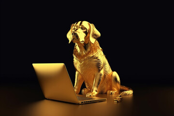 Adorable Golden Retriever statue Trading Gold Spot on a Laptop, A Dog's Take on Financial Success