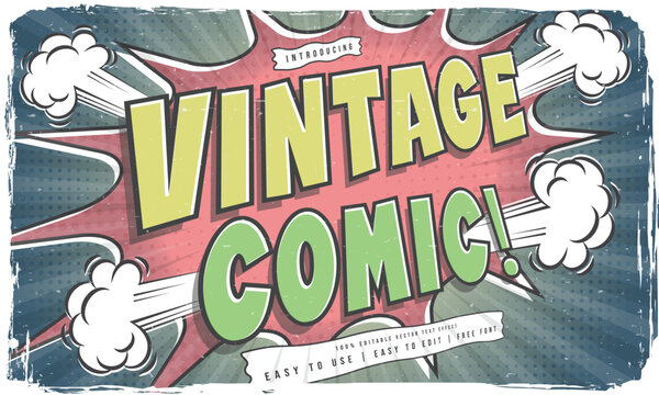 shabby worn vintage retro editable text effect in superhero cartoon comic style with grunge texture and halftone
