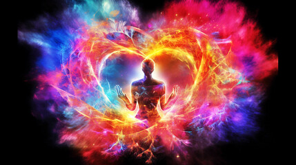 Awakening the Superpower Within: Vibrant Human Form Radiating Cosmic Consciousness  Self-Discovery