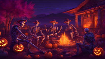 Halloween night scene with a group of skeletons sitting by the fire in the - obrazy, fototapety, plakaty