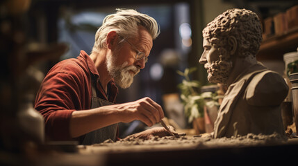 Sculptor meticulously creating a beautiful statue, showcasing impeccable craftsmanship
