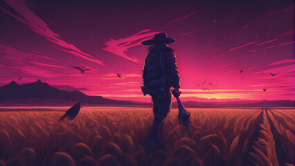 Illustration of a man walking in a wheat field at sunset.  - obrazy, fototapety, plakaty