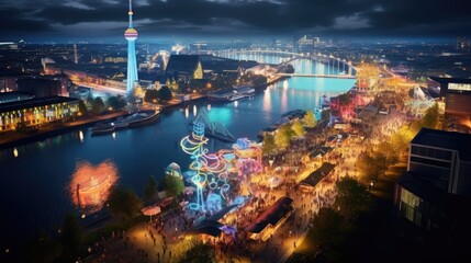 Fototapeta premium High angle view of Dusseldorf Festival Night view along the river