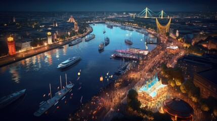 Fototapeta premium High angle view of Dusseldorf Festival Night view along the river