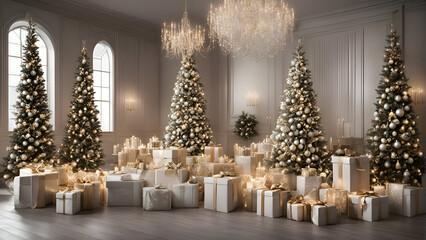 3d rendering of Christmas tree with presents and decorations in classic interior 