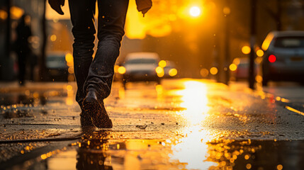 Weathered boots making a splash, walking through a reflective puddle during golden hour - obrazy, fototapety, plakaty