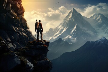 climber against the backdrop of majestic mountain landscapes - obrazy, fototapety, plakaty