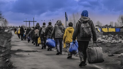 An illustration depicting the harsh reality faced by families forced to emigrate from their countries due to war, crossing borders on foot under inhumane conditions. Generative AI.