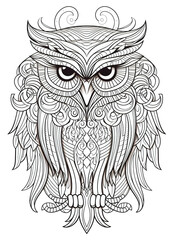 Owl Coloring Page for Adults, Full-Body Owl with Doodles for Relaxation and Stress Relief
