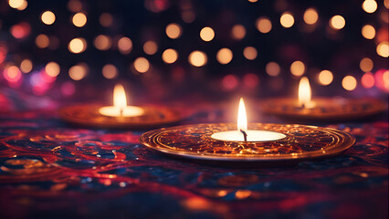 Burning Diwali diya lamps on colorful rangoli background  - obrazy, fototapety, plakaty